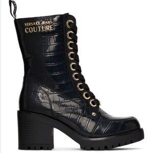 Versace Jeans Couture Black Croc-Patterned Mia Combat Boots